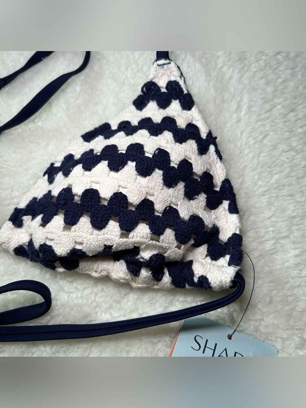 Shade & Shore Women’s Triangle Crochet Bikini Top Large Navy White NEW - Picture 2 of 5